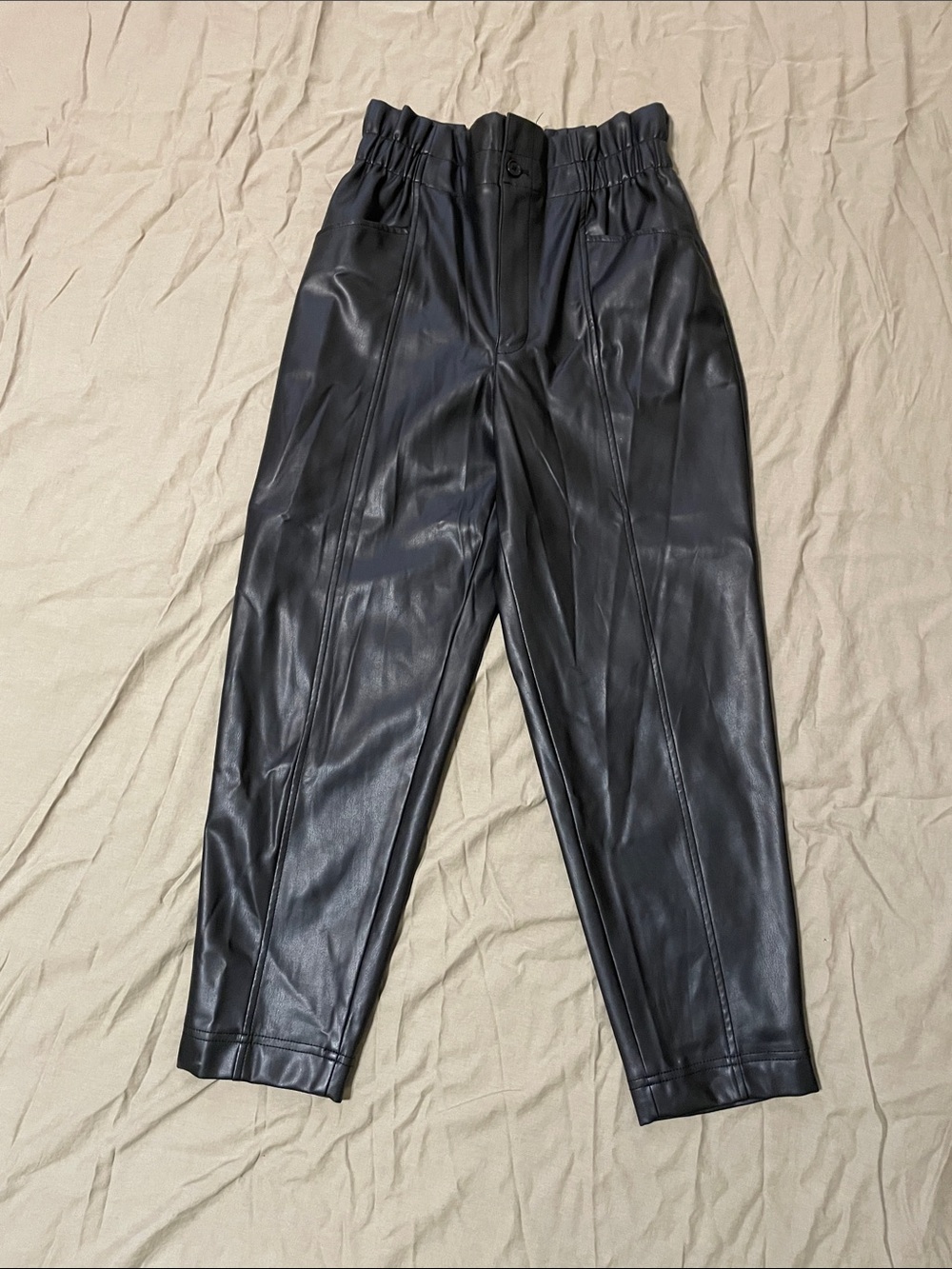 🎉LAST CHANCE 🎉High-Rise Black Faux Leather Paperbag Pants for Women